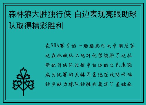 森林狼大胜独行侠 白边表现亮眼助球队取得精彩胜利