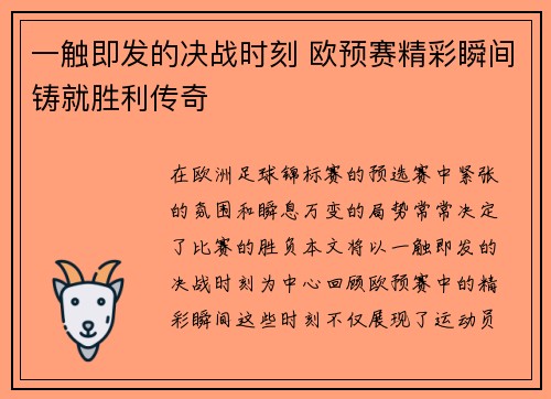一触即发的决战时刻 欧预赛精彩瞬间铸就胜利传奇