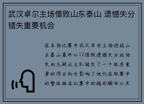 武汉卓尔主场惜败山东泰山 遗憾失分错失重要机会