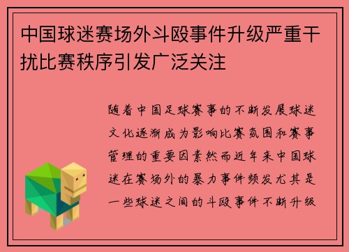 中国球迷赛场外斗殴事件升级严重干扰比赛秩序引发广泛关注