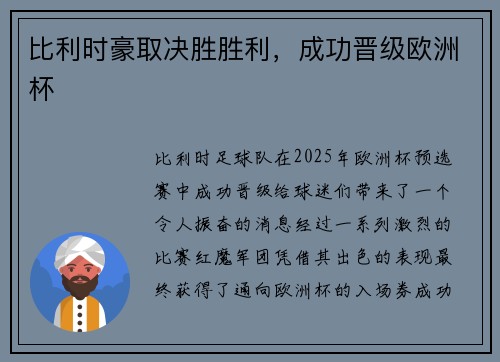 比利时豪取决胜胜利，成功晋级欧洲杯