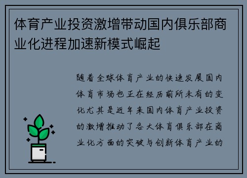 体育产业投资激增带动国内俱乐部商业化进程加速新模式崛起